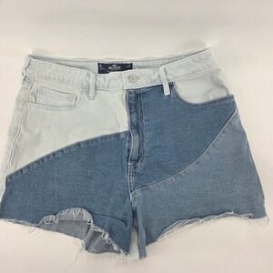 Hollister Ultra High Rise‎ Mom Short 32 Blue Distressed Colorblock Denim